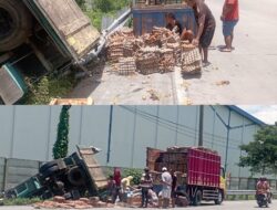 Apes! Diduga Mengantuk, Truk Muatan Telur Terguling di Jalur Pantura Pemalang
